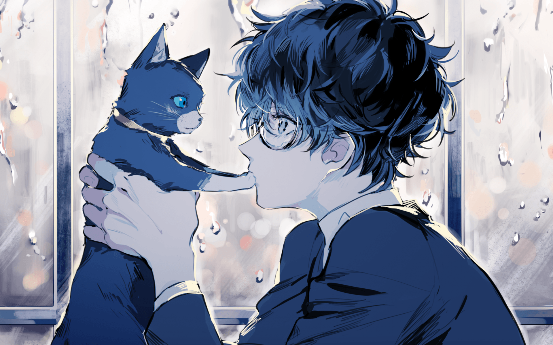 Persona Kurusu Akira, Anime Boy, Cat, Glasses, Profile